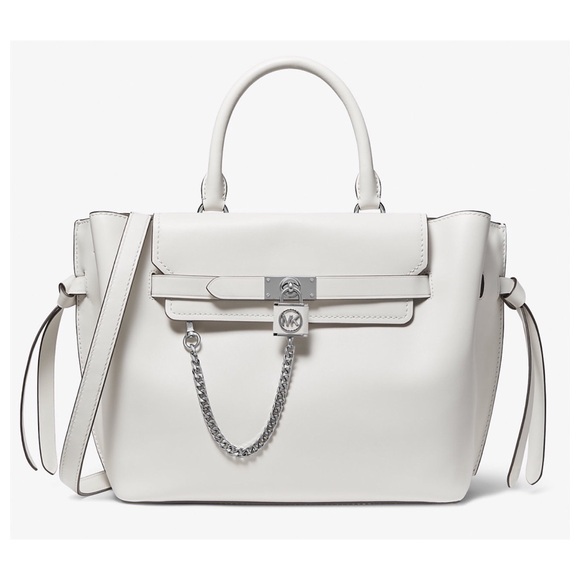 Michael Kors white Hamilton Legacy Large Leather Belted Satchel shoulder strap - Picture 1 of 4